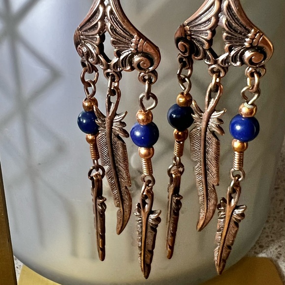 Vintage Copper & Lapis Native American dangle Earrings - Picture 3 of 7